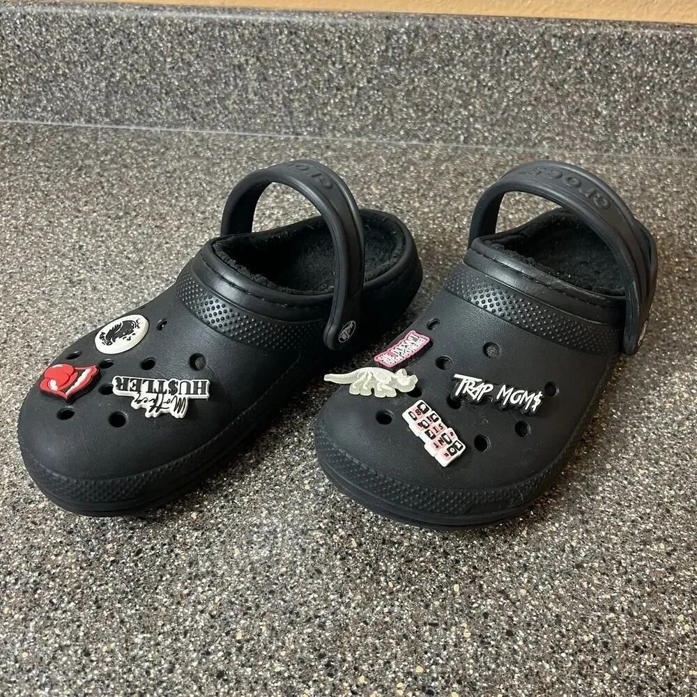 Crocs Dual Comfort Clogs Lined Women's 7 Black Slip On Shoes Mens 5 with Jibbitz